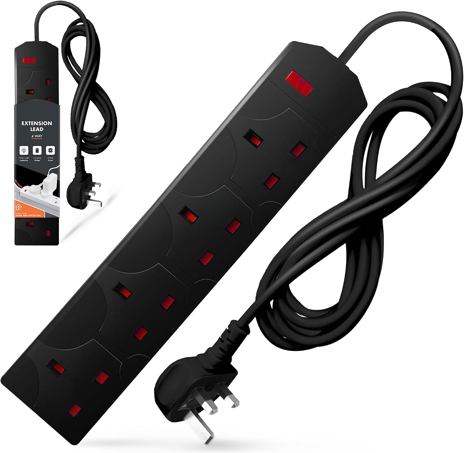 Wolf Power 4 Way Extension Lead, 2 Metre Extension Cable with UK 3 Pin Plug, Multi Socket Power Strip, Wall Mountable, Suitable for Home, Office & Appliances (Black, 1 Pack)