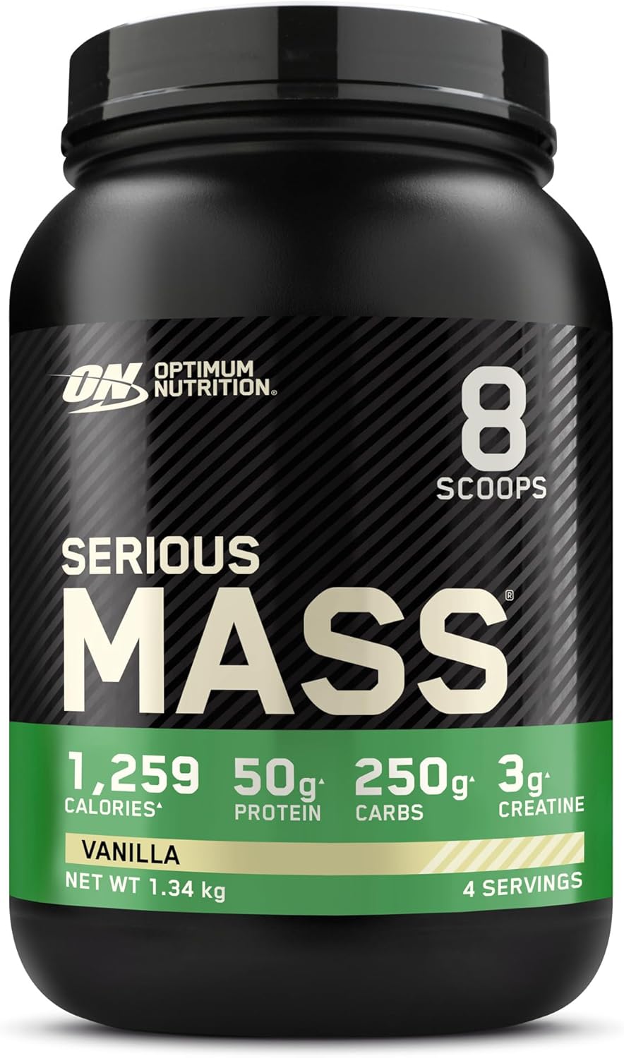 Optimum Nutrition Serious Mass Protein Powder High Calorie Mass Gainer with Vitamins, Creatine Monohydrate and Glutamine, Vanilla, 4 Servings, 1.34kg, Packaging May Vary