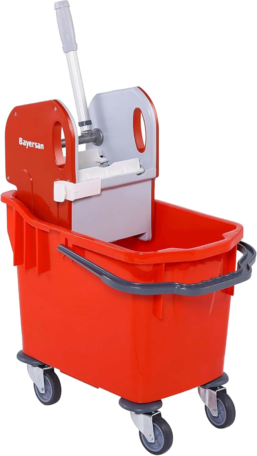 25L Industrial Kentucky Mop Bucket by Bayersan with Heavy-Duty Wringer & Wheels - Commercial Cleaning Bucket for Offices, Schools, Warehouses & Professional Use (Red)