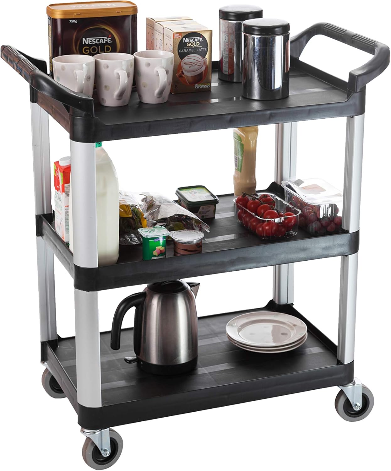 The Workplace Depot 3-Tier Catering Trolley, Durable Polypropylene, Smooth Non-Marking Wheels, Easy Clean, Compact for Kitchens, Restaurants & Hospitals