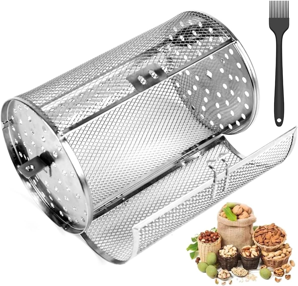 Rotisserie Basket with Oil Brush Stainless Steel Grill Roaster Drum Oven Round Rack Cage Heat Resistant 360° Rotating Air Fryer Accessory 12X18cm for Peanut Coffee Bean Nuts BBQ Walnut (with brush)
