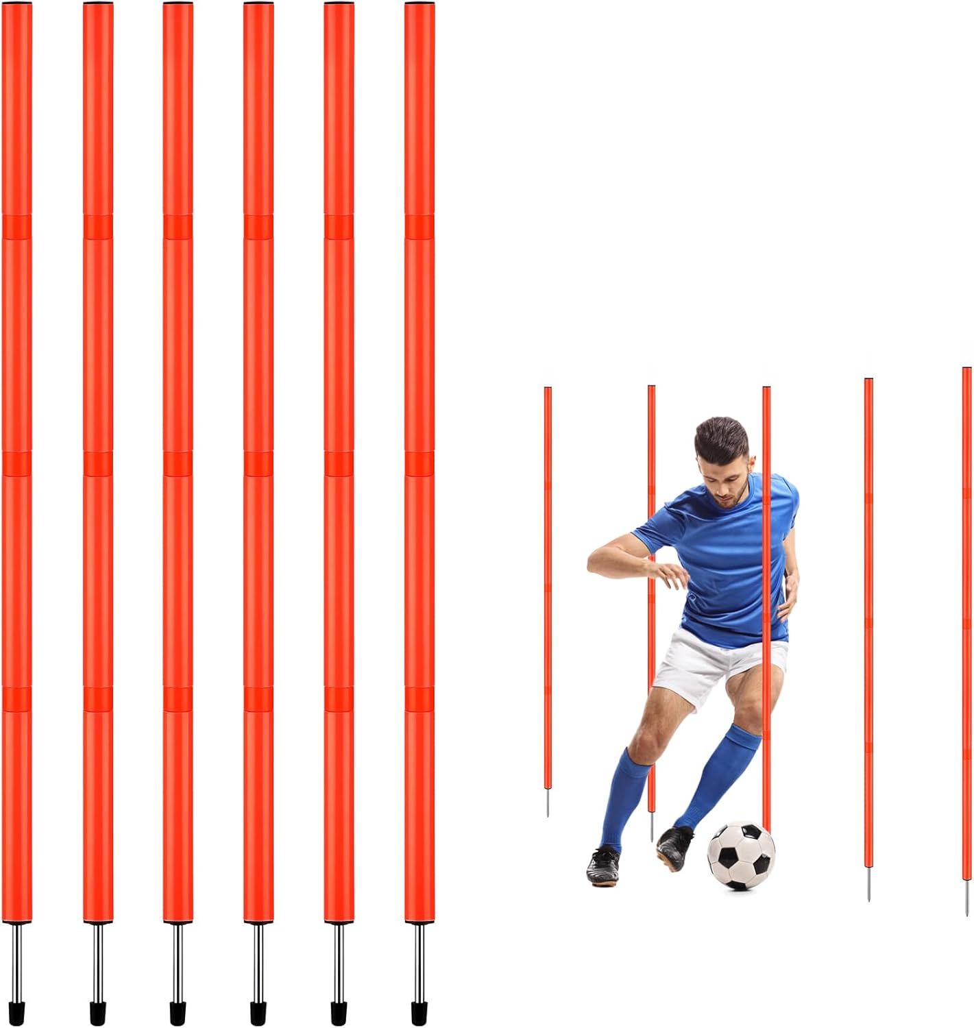 TOBWOLF 6PCS 6FT Adjustable Soccer Agility Training Poles, Detachable Sports Training Speed Sticks, Slalom Training Agility Pole Set, Outdoor Speed & Agility Turf Training Poles for Soccer Drills