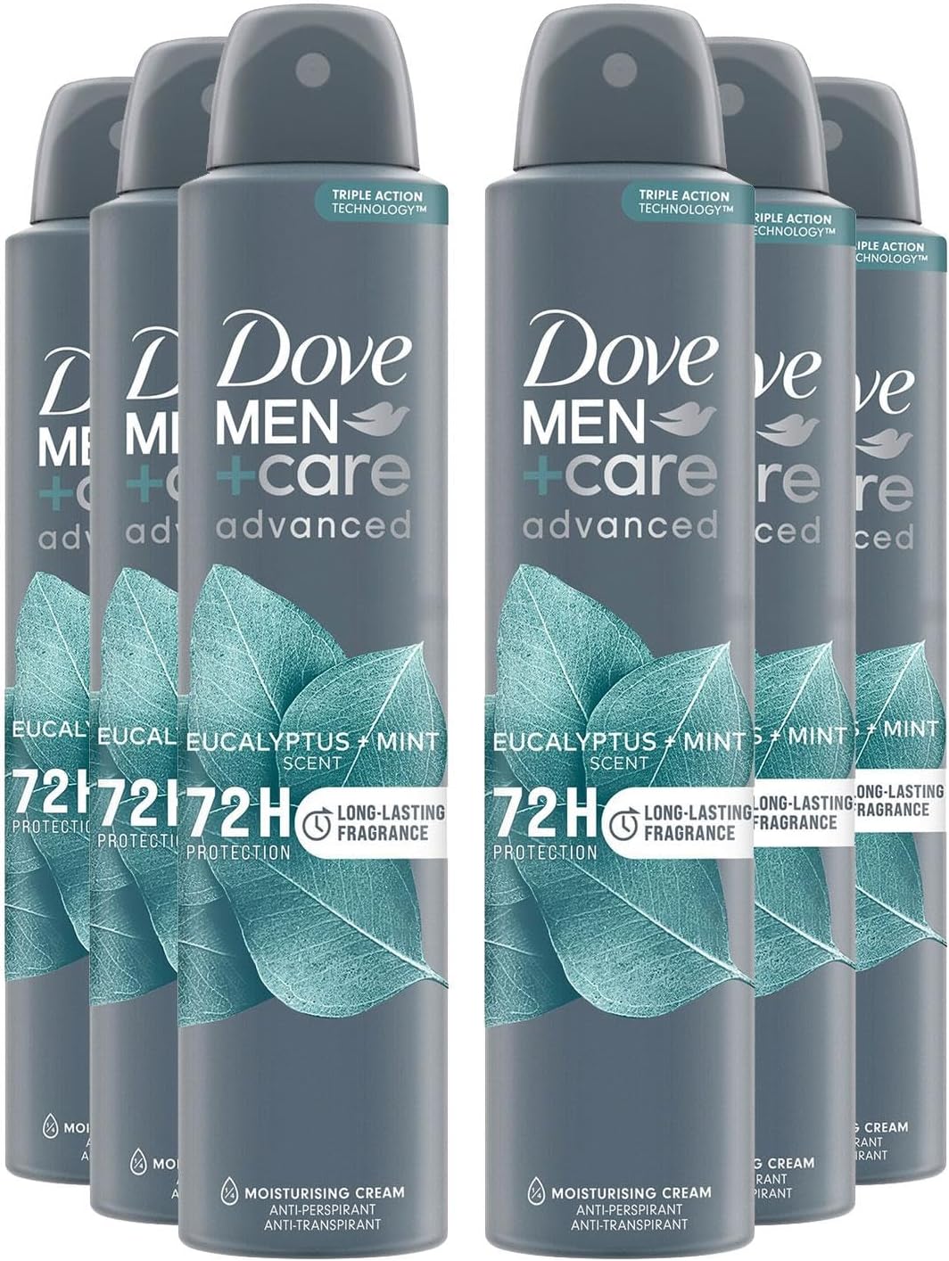 Dove Men+Care Anti-Perspirant Advanced 72 Hours Sweat and Odour Protection with Long Lasting Fragrance of Eucalyptus + Mint Deodorant Spray for Men, 200ml Pack of 6
