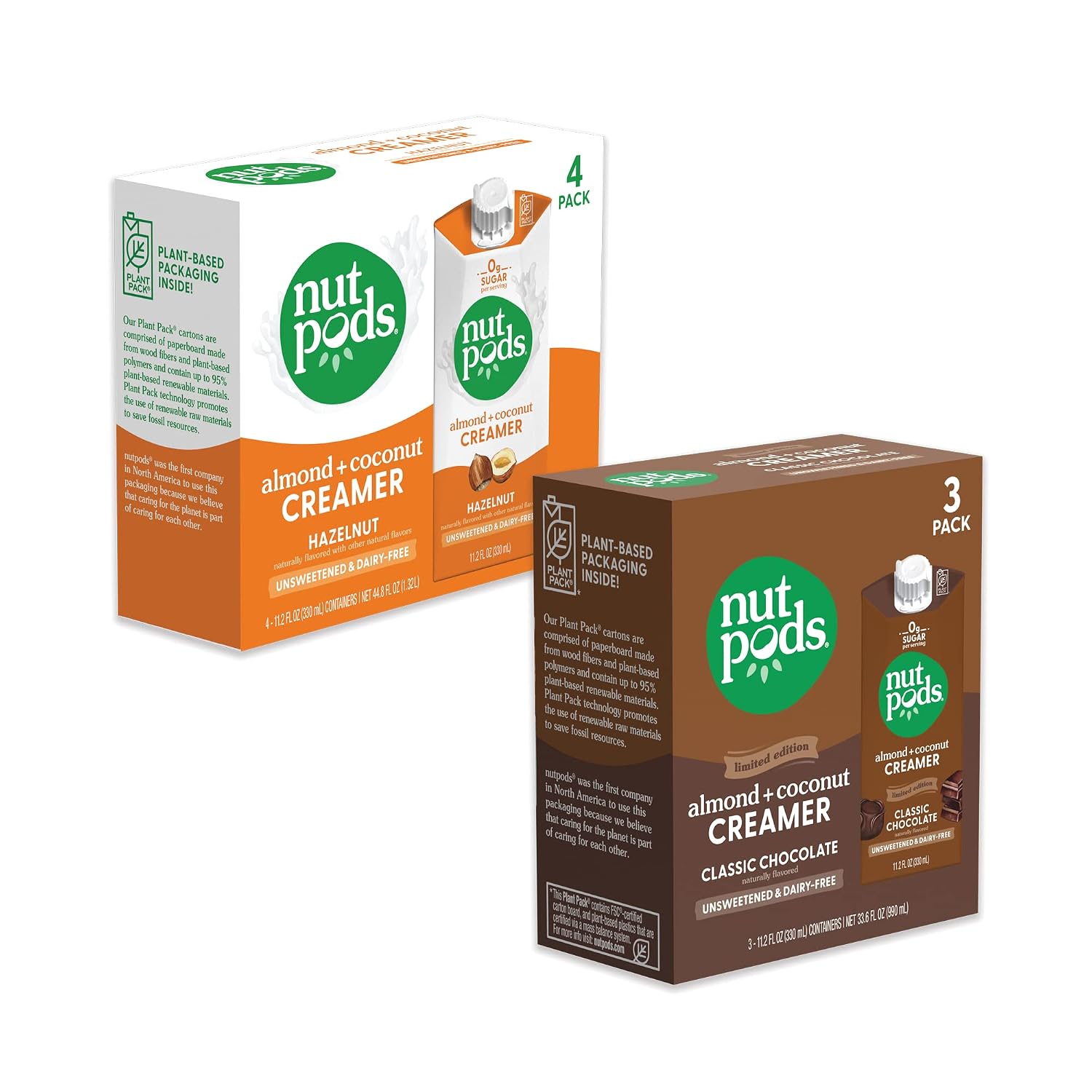 nutpods Chocolate Hazelnut Spread Non Dairy Coffee Creamer Bundle: a 4 pack of Hazelnut and a 3 pack of Classic Chocolate, Made from Almonds and Coconuts with zero sugar.