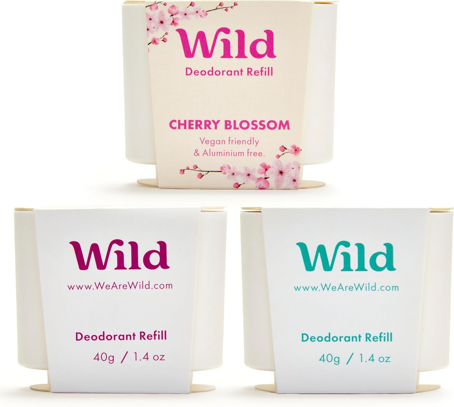 Wild - Natural Refillable Deodorant Variety Pack - Aluminium Free - Scents Include Fresh Cotton & Sea Salt, Cherry Blossom and Coconut & Vanilla Scents - Long Lasting Protection