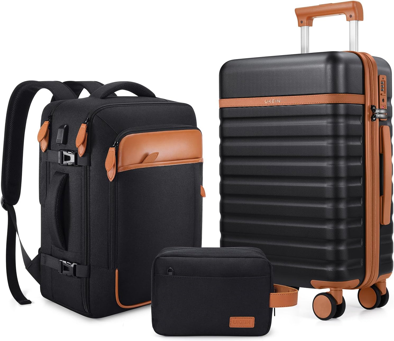 UKEIN Suitcase Set, PC Hard Shell Carry On Suitcase, Travel Trolley Hand Cabin Luggage with TSA Lock & 360° Spinner Wheels, Included 1pcs Travel Backpack and 1pcs Toiletry Bag