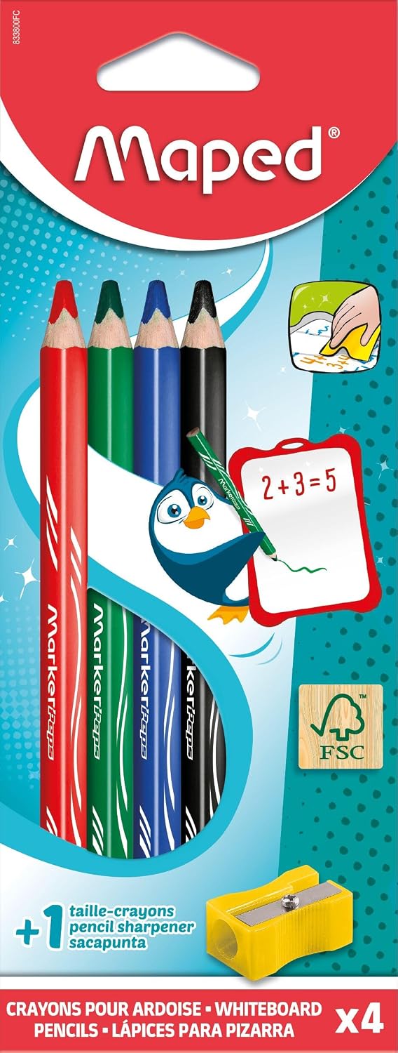 Maped Wooden Dry Erase Whiteboard Pencils x4 Assorted Colours and Sharpener - Jumbo Pencils, Triangular Barrel - FSC Wood - for Teachers and Students