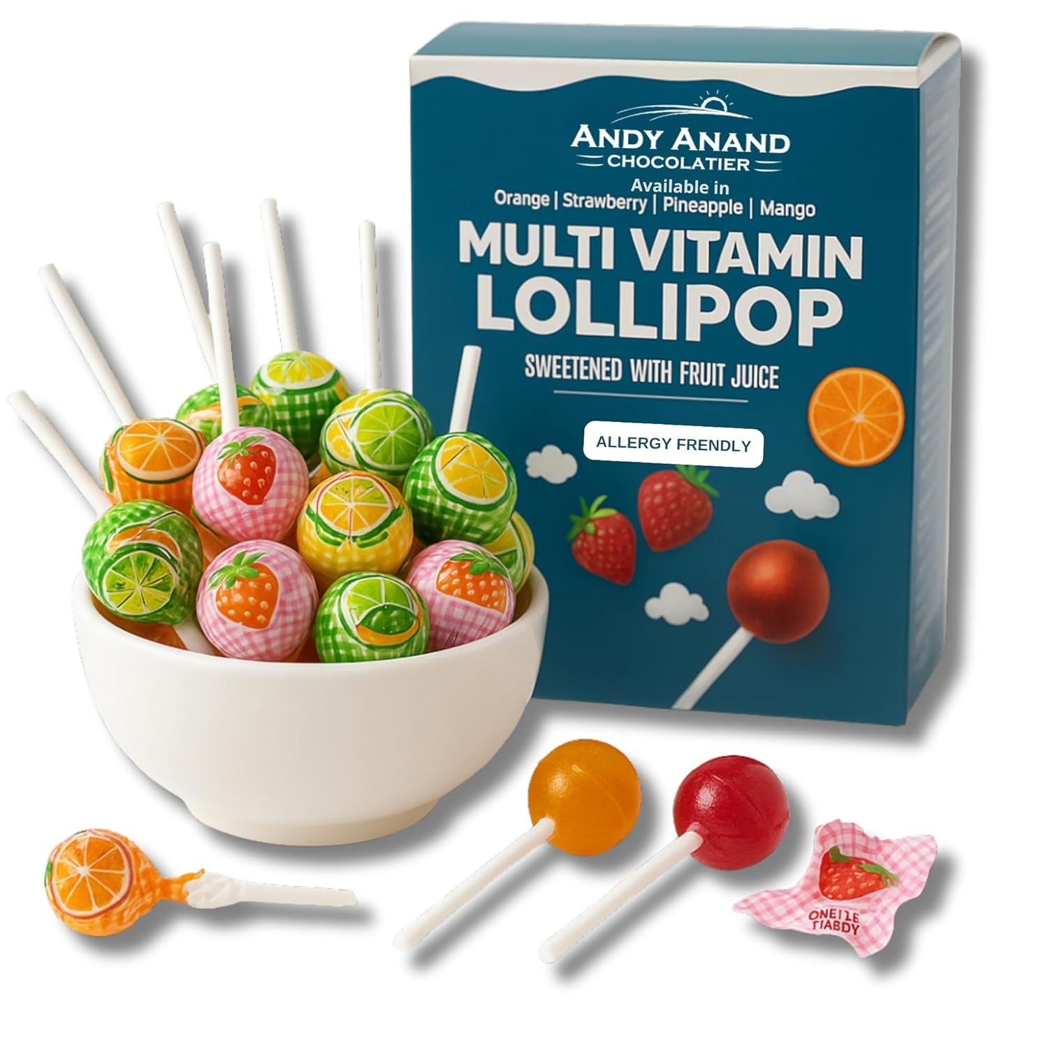 Andy Anand Chocolatier Gluten Free Lollipops with Multi Vitamins fruit flavored, Kids Love Them, Multivitamin Pops, Low Calorie Sweetened With Real Fruit With No Artificial Flavors (29 Pcs, 8.8 Oz)