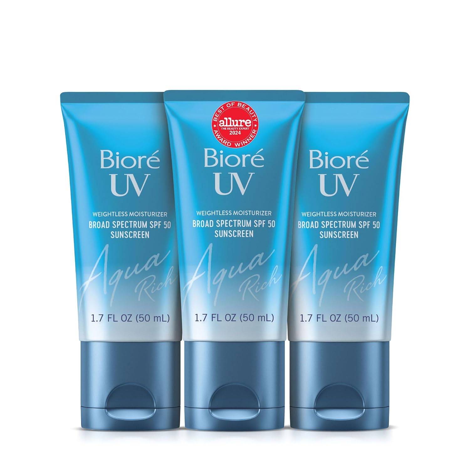 Biore UV Aqua Rich Moisturizer SPF 50 Facial Sunscreen, 1.7 fl oz, 3pk | Oil-Free Daily Face Sunscreen, Hyaluronic Acid, Lightweight, Non-Comedogenic, Dermatologist Tested, Sensitive Skin
