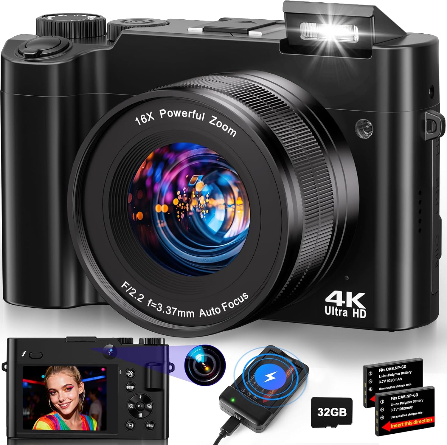 4K Digital Camera for Photography - 64MP Autofocus Vlogging Camera for YouTube with Dual-Lens - 16X Digital Zoom Anti Shake 3'' Selfie Compact Travel Camera with Flash, 2 Batteries, Charging Stand
