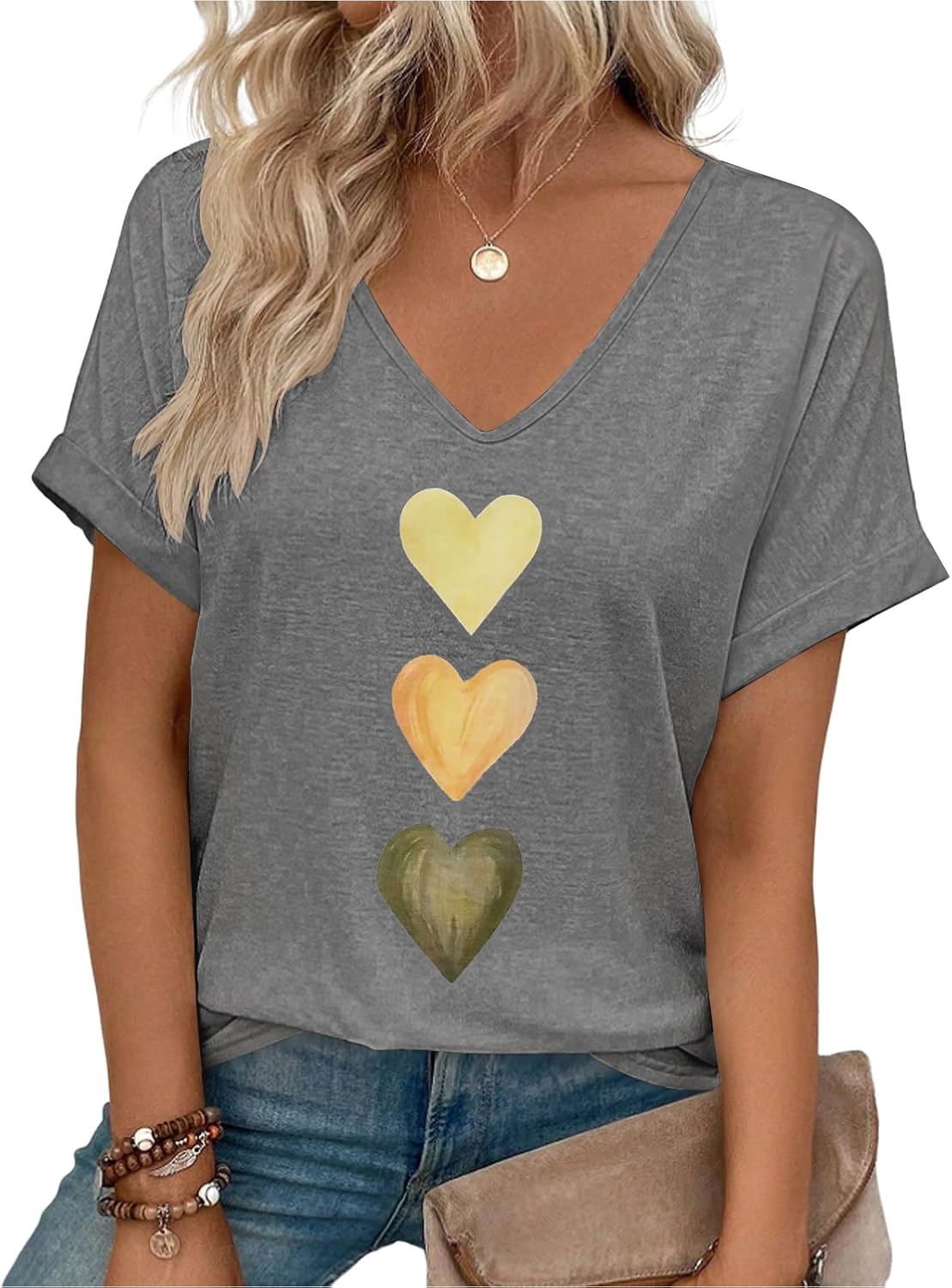 heekpek Women's T-Shirts Summer Casual Deep V Neck T Shirts Rolled Up Short Sleeve 3 Heart Print Loose Tee Shirts Basic Tops