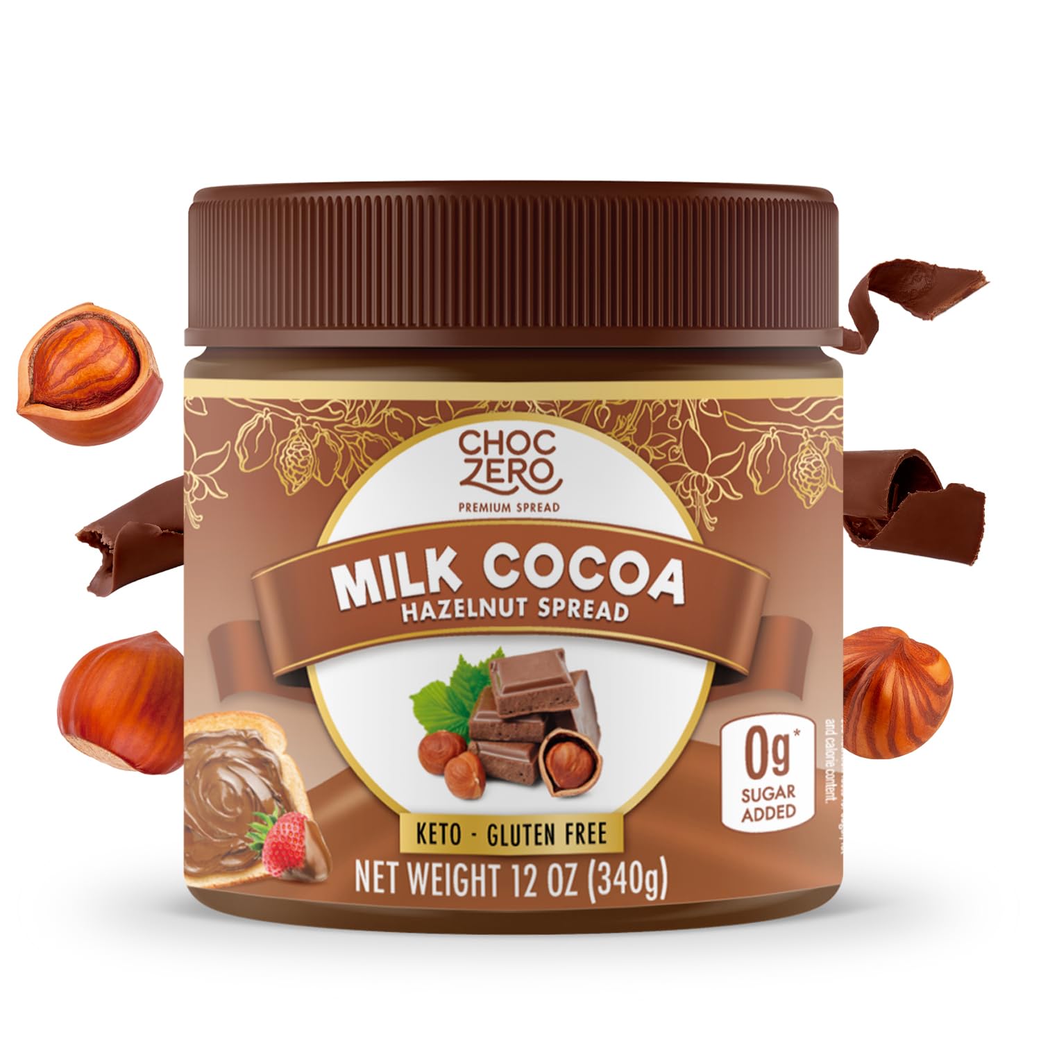 ChocZero Sugar Free Milk Chocolate Hazelnut Spread, No Sugar Alcohols, Keto, Low Carb, High Fiber, 12 oz Jar