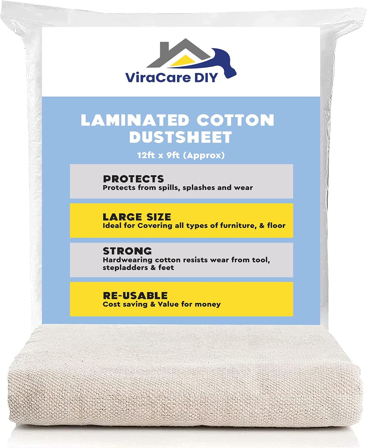 Laminated Cotton Dust Sheets for Painting & Decorating 12'x9' (3.6mx2.7m) | Paint Sheets | Drop Cloth | Painting & Paint Cover Sheets | Dust Sheets for Furniture | Reusable (1)