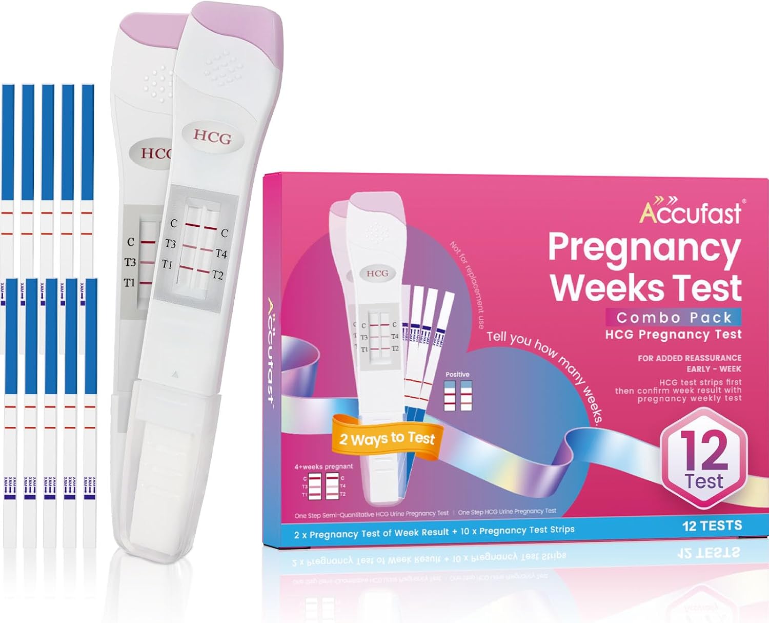 Accufast Pregnancy Test Weeks Indicator - Combo Pack 12 Tests, 2 Pregnancy Weeks Test Sticks 25 MIU/ml, 10 hCG Test Strips 10 MIU/ml, Ultra Early 2 Ways Check - Tells You How Many Weeks (12 Tests)