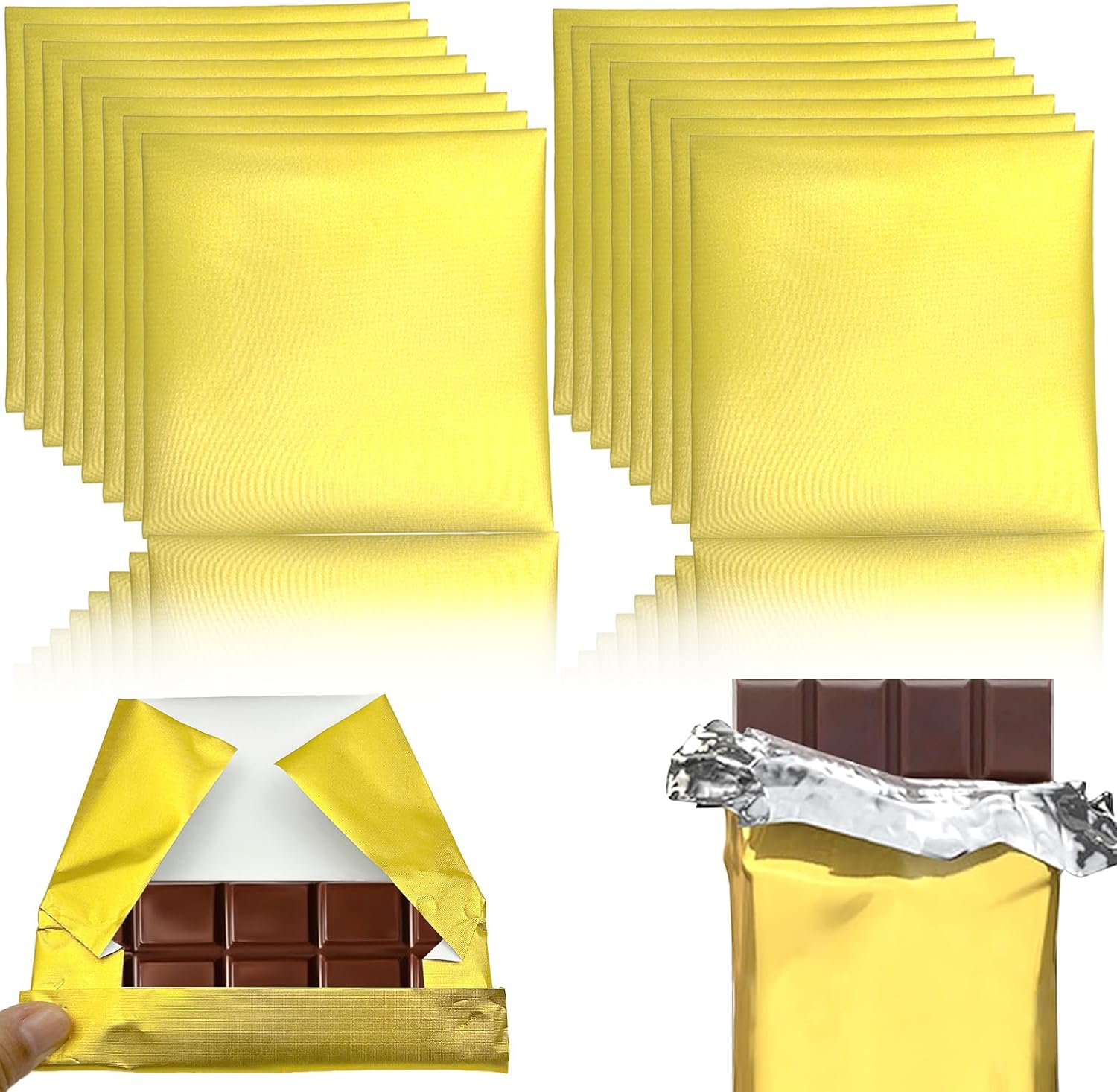 200 Pcs Chocolate Candy Bar Wrappers with Thick Paper Packaging, 7.87"*7.87" Gold Aluminum Foil Wrappers, Personalized for Homemade Candies/Chocolate Bars/Gifts
