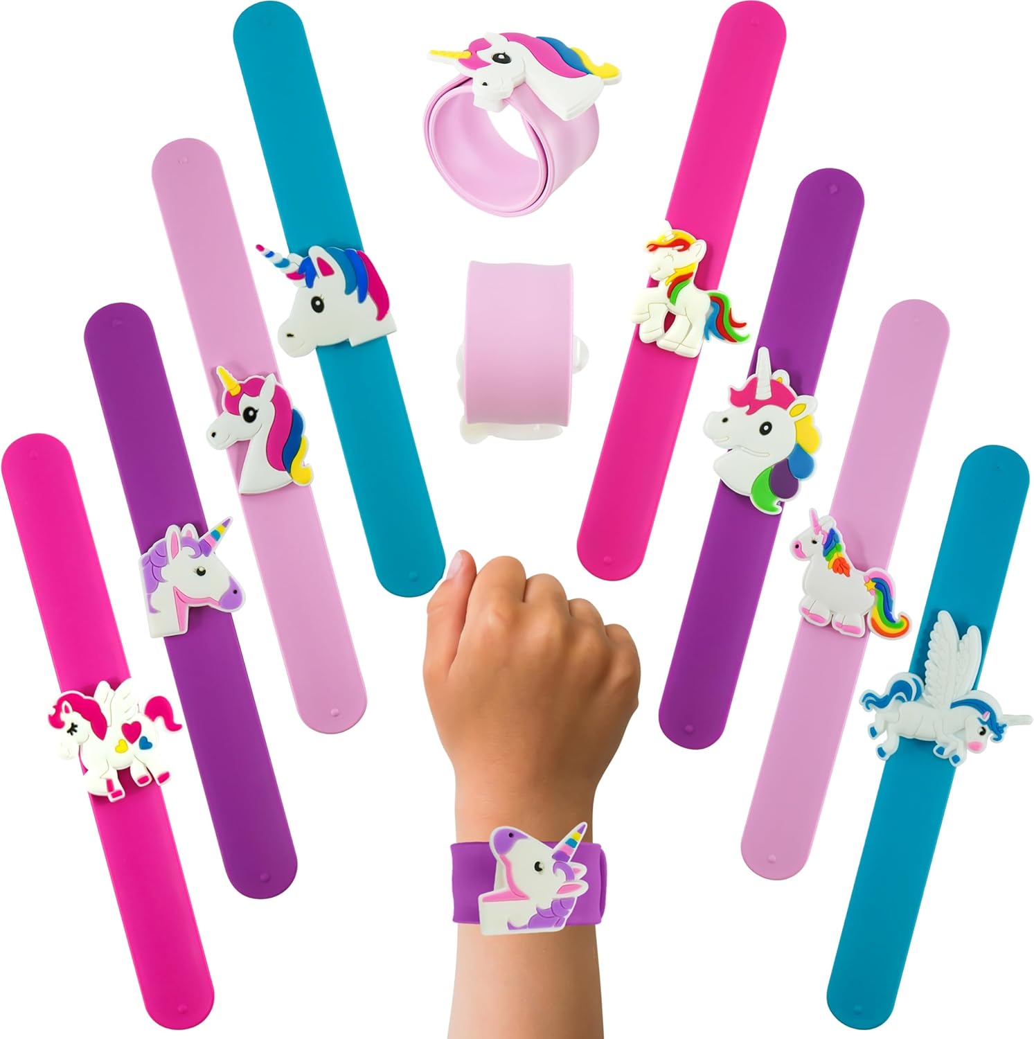 Snap Bracelets for Kids, Silicone Bracelets for Themed Parties, Charm Bracelet, Wristbands for Birthday Easter Party Favors, Kids Multi-Item Party Favour Packs (1x Random Unicorn Snap Bracelets)
