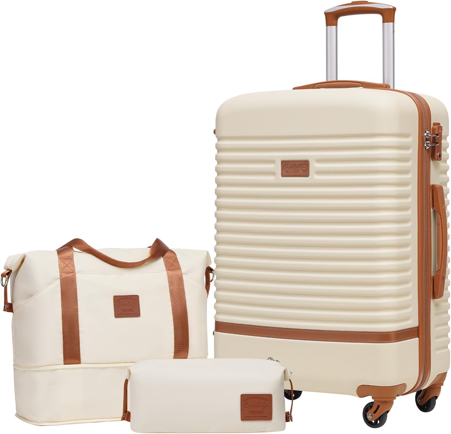 COOLIFE Suitcase Trolley Carry On Hand Cabin Luggage Hard Shell Travel Bag Lightweight with TSA Lock,The Suitcase set Included 1pcs Travel Bag and 1pcs Toiletry Bag (White/Brown, 24 Inch Luggage Sets)
