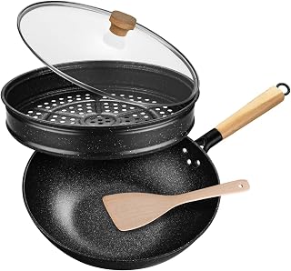 Non-Stick Wok with Steamer Basket,12 Inches Stir Fry Pans with Lid, Wok Pan Flat Bottom Multifunctional Cookware Chinese Wok for Induction, Gas, Halogen