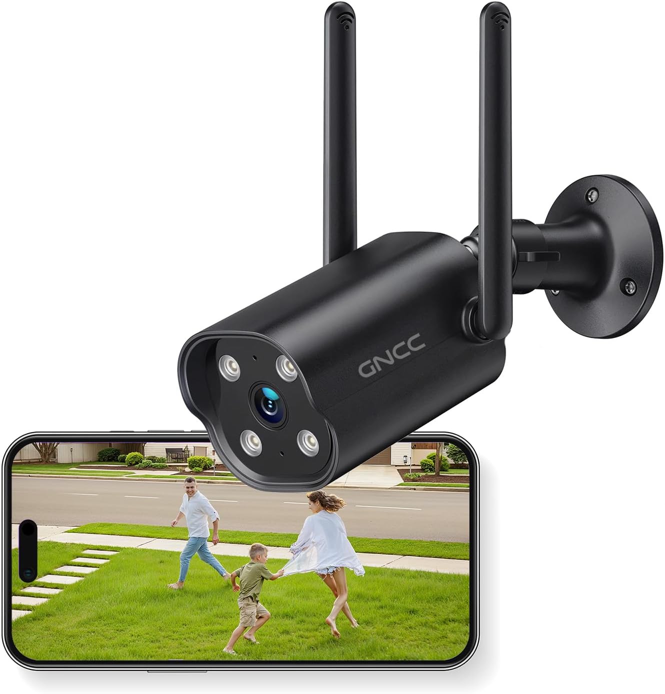 GNCC 2K Outdoor CCTV Camera, Home Security Camera with Night Vision, 110° View, IP65 Weatherproof, AI Motion Detection, Siren Alarm, 2-Way Audio, Work with Alexa & Google Home, 2.4GHz WiFi, Cloud&SD