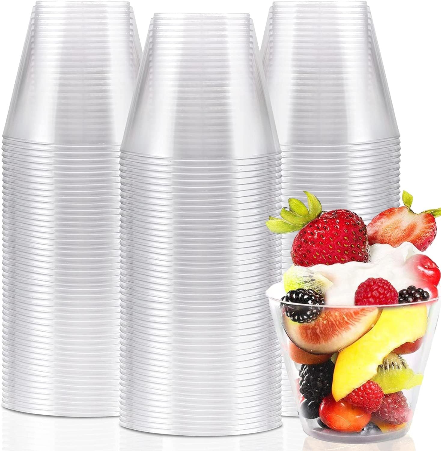 KAHEIGN 60Pcs Plastic Dessert Cups, 270ml Round Dessert Cups Clear Parfait Appetizer Cup Reusable Serving Bowl Tumblers for Whiskey Wine Pudding Mousse Jello Party (9 x 7.5cm)