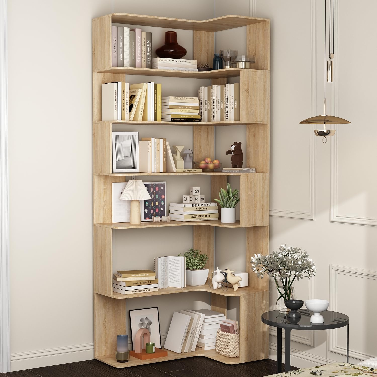 7-Tier Corner Bookcase Bookshelf, 81.9" Extra Tall Wall Corner Shelf with Storage, Modern Mid Century Floor Standing Plant Stand for Home Office, Living Room, Bedroom Natural Oak