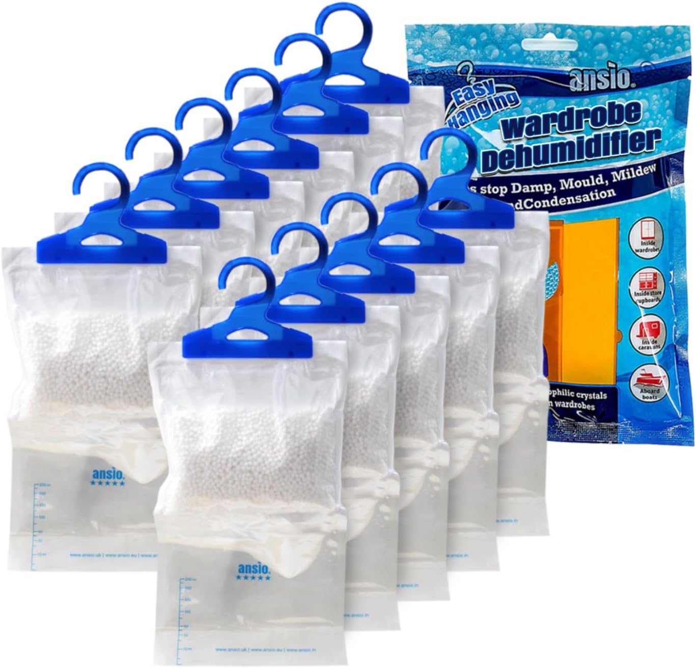 ANSIO Wardrobe Dehumidifier Hanging Bags Pack of 12 Moisture Absorbers, Trap, Condensation, Dehumidifiers for Damp, Mould, Bedroom, Caravan, Bathroom, Basement, Office – 210g Each