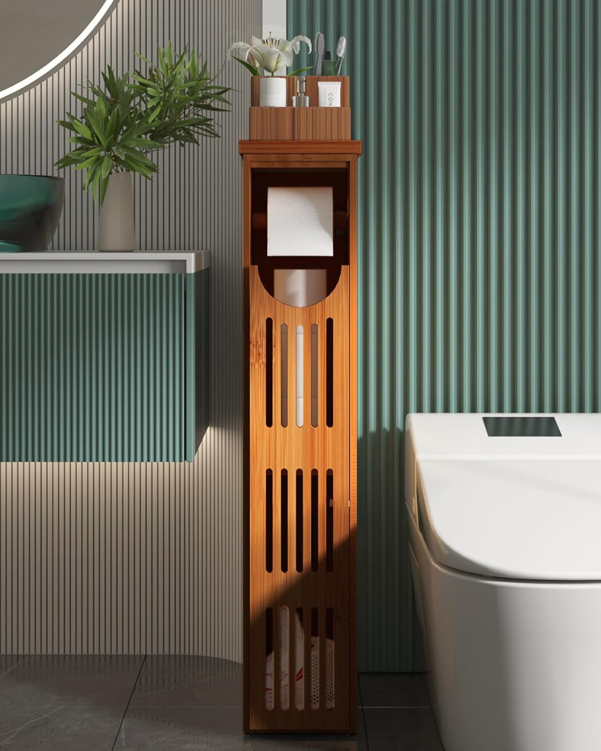 AmazerBath Bamboo Toilet Paper Holder with Storage, Small Bathroom Storage Cabinet, 33x7.3x6.5 Inches, Brown