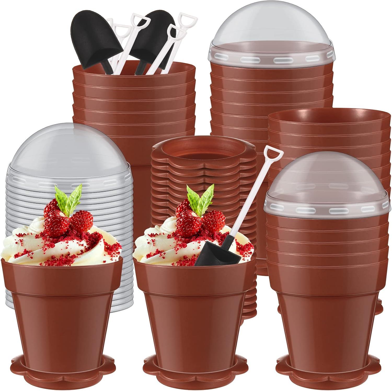 50 Pack Flowerpot Dessert Cup Plastic Cake Cups with Lid Shovel Spoon Bottom Tray Small Flower Pot Cups Dessert Ice Cream Yogurt Containers Holder for Ice Cream DIY(Brown)
