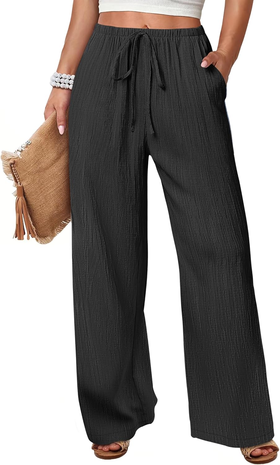 ANRABESS Women's Wide Leg Beach Pants Elastic Waist Lightweight Casual Flowy Palazzo Lounge Trousers with Pockets