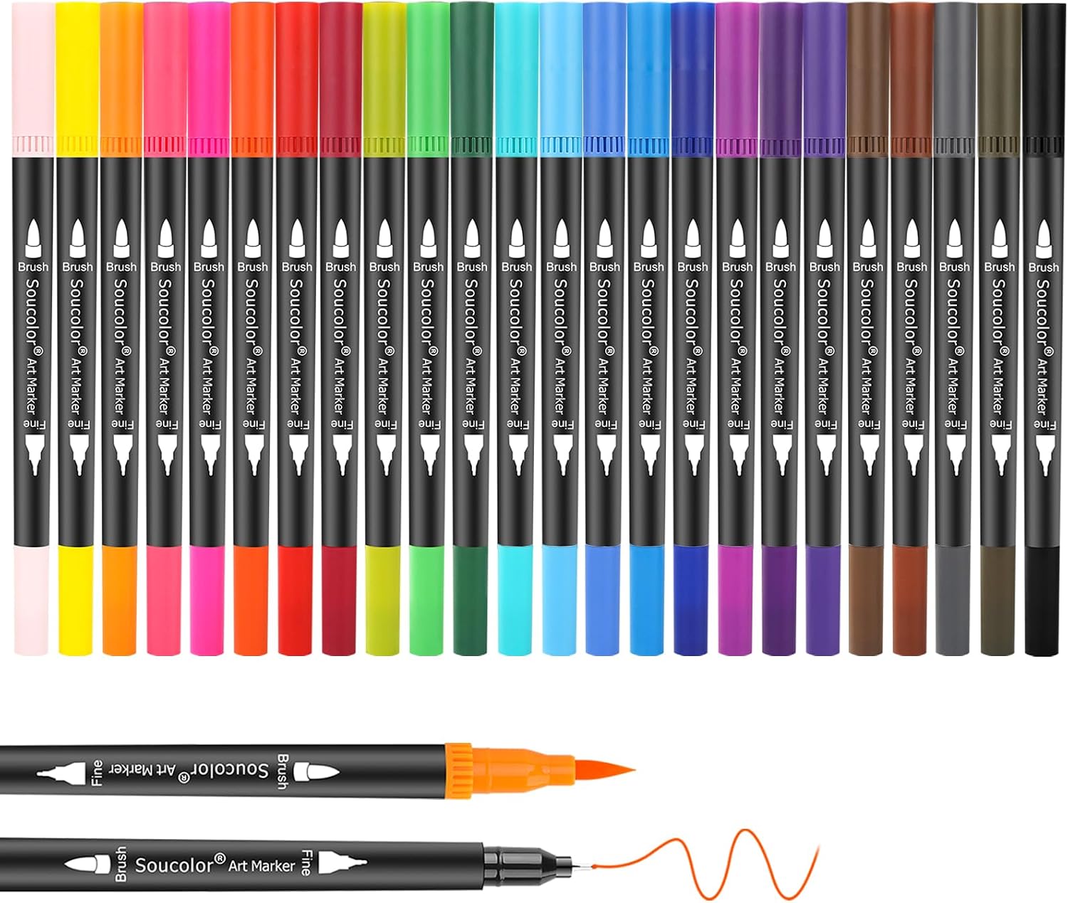 Soucolor 24 Dual Tip Brush Markers,Water-Based Art Pens,for Coloring Books