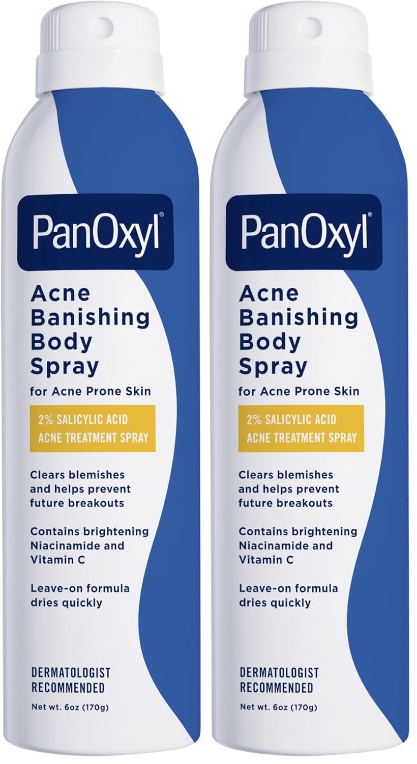PanOxyl Acne Banishing Body Spray with 2% Salicylic Acid, Pimple Treatment to Clear Stubborn Breakouts, 360-Degree Spray Nozzle, Skin-Brightening Niacinamide, Vitamin C, Witch Hazel, Aloe, 6 Oz