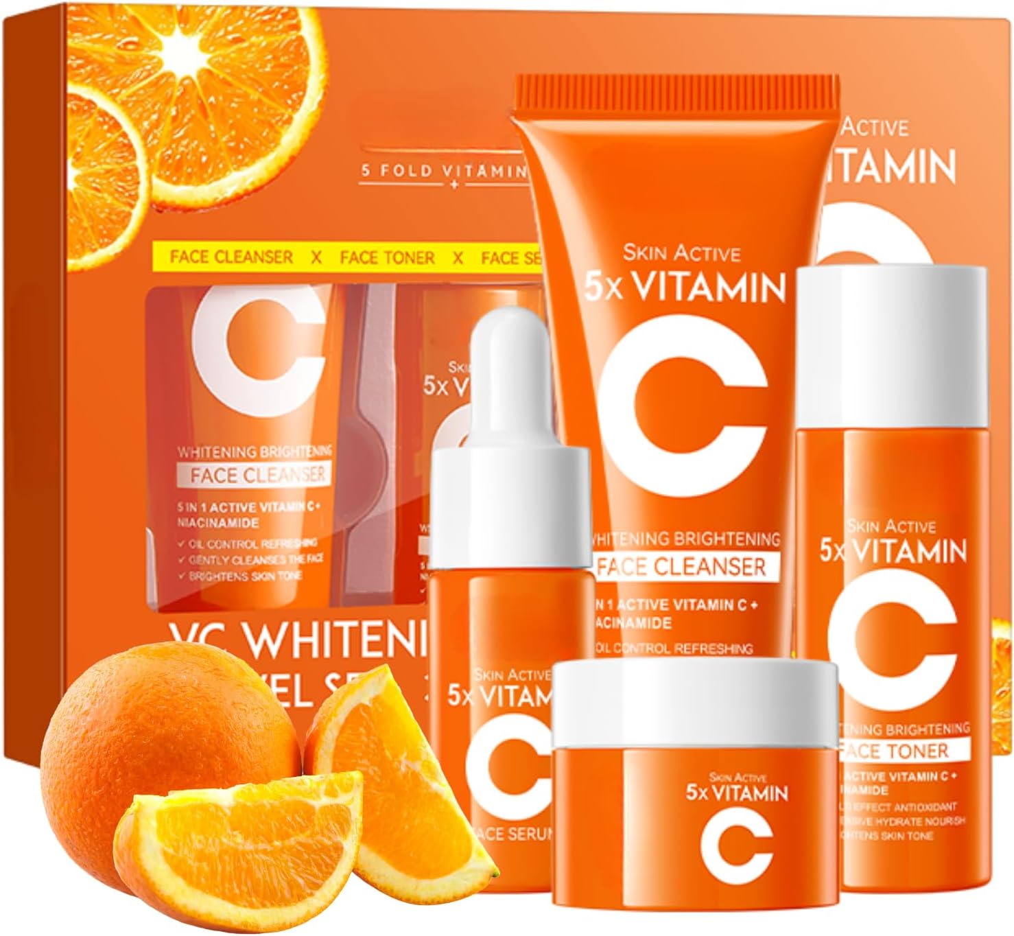 Vitamin C Skin Care Sets & Kits With Cleanser,Toner,Cream,Serum-Christmas Day Gifts-Dark Spot Remover for Face-Vitamin C Serum with Niacinamide, Skin Brightening Hydrating Cleasing for All Skin Typles