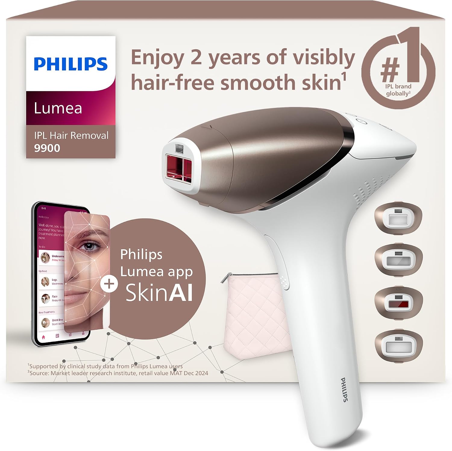 Philips Lumea 9900 Series, IPL Hair Removal Device, Laser Hair Removal Alternative, SenseIQ and SkinAI Technology, 4 Attachments for Body, Face, Bikini and Underarms, Corded & Cordless Use, BRI951/01