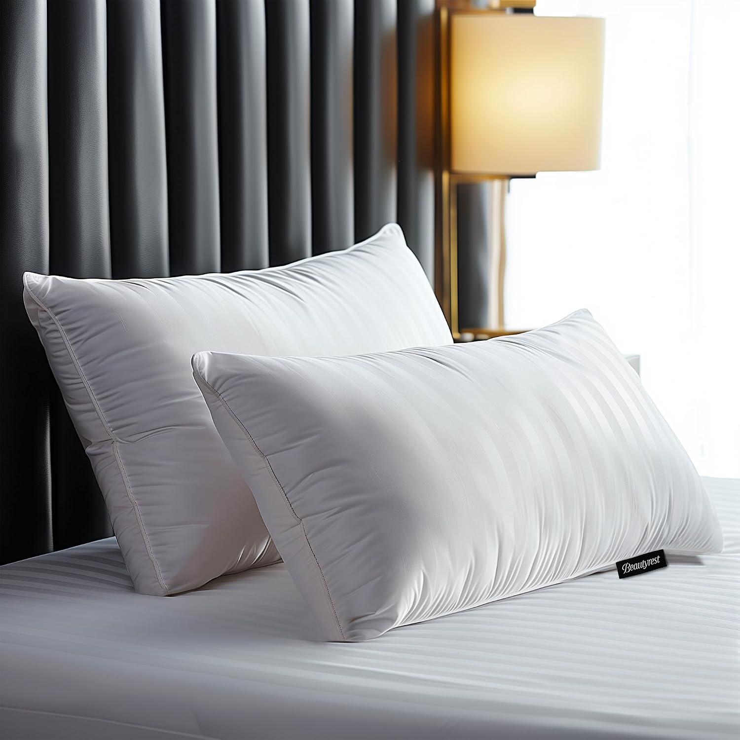 Beautyrest Fluffy Hotel Collection Luxury Goose Feathers Medium Firm Hypoallergenic Pillows, 500 Thread Count US Grown Cotton Cover 20x28”, Queen (Pack of 2), White 2