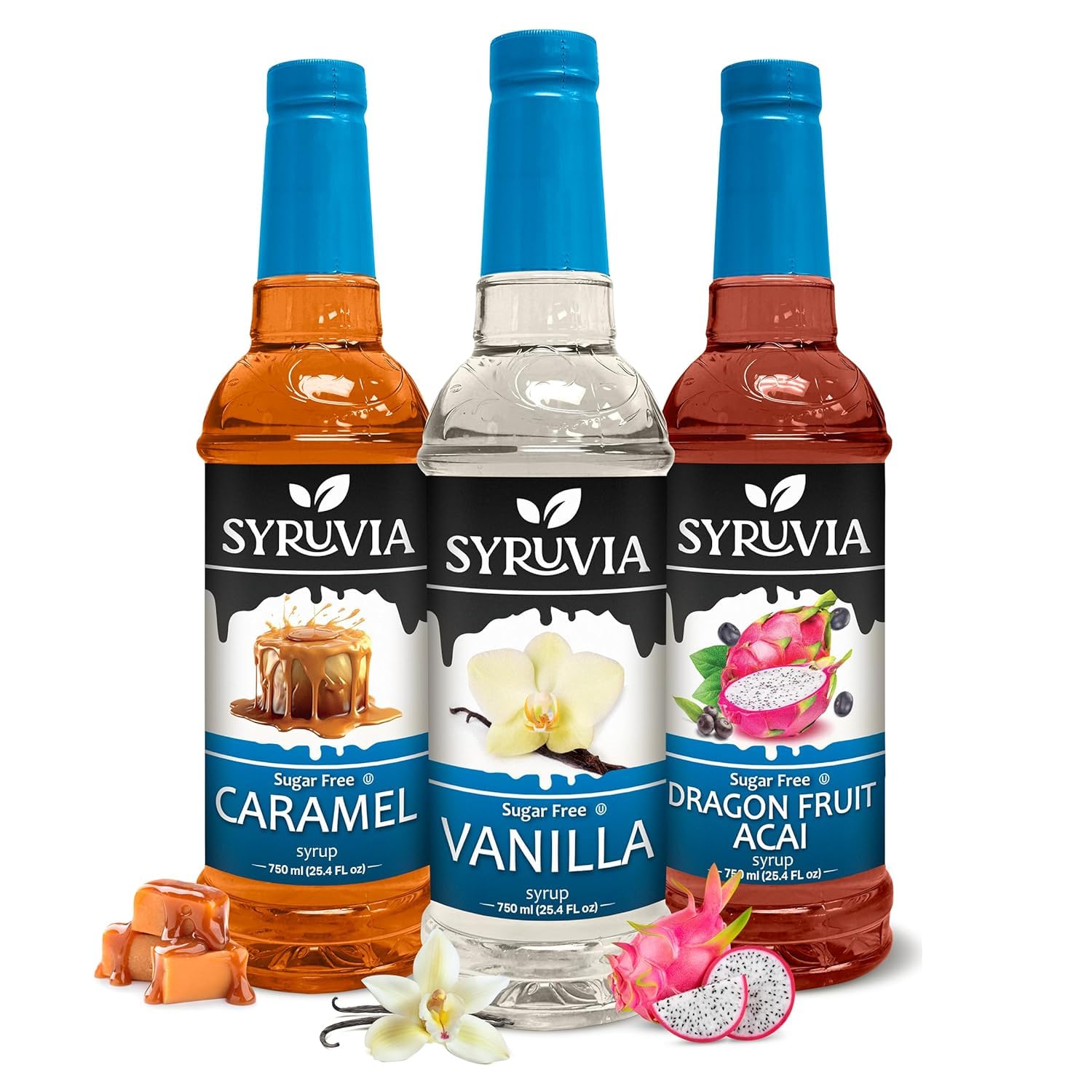 Syruvia Sugar-Free Vanilla, Caramel & Dragon Fruit Acai Syrup - 25.4 fl oz. Premium Flavoring Syrup. 0 Calories. Ideal for Drinks, Shakes, Desserts, and More.