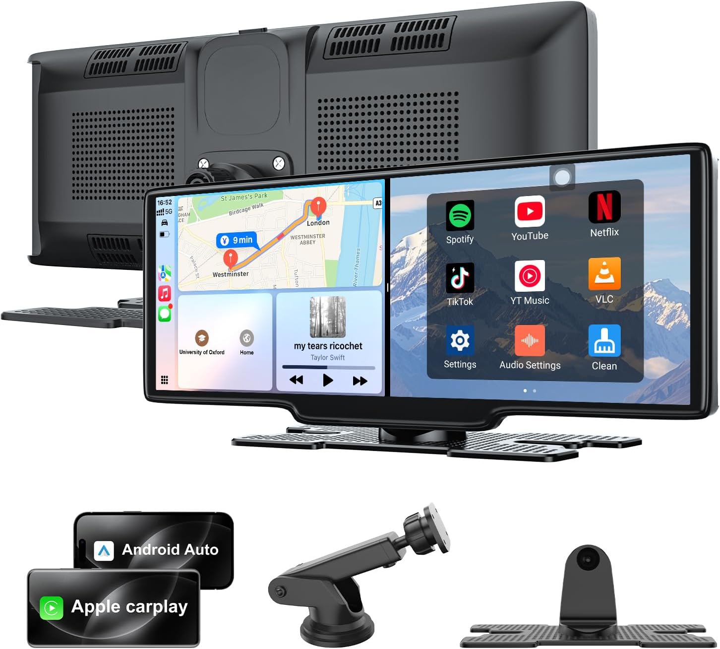 9.26'' Carplay Screen for Car with Netflix/TikTok, 3-in-1 Wireless Apple CarPlay, Android Auto & Android System Car Play Touchscreen, Built-in Apps, Split-Screen, WiFi/Hotspot Connectivity, GPS, Siri