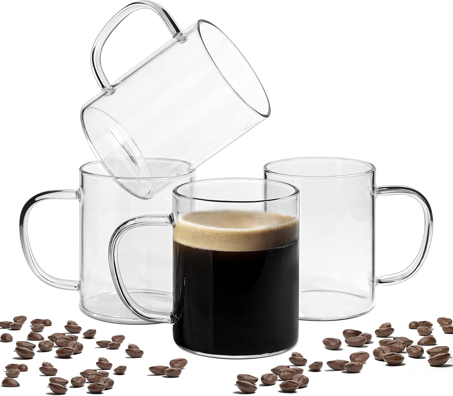 ComSaf 400ml Glass Coffee Mugs Set of 4, Clear Glass Coffee Cup with Big Handle, Large Borosilicate Glass Mug for Tea Milk or Hot Cold Beverages, Crystal Drinking Glass for Birthday