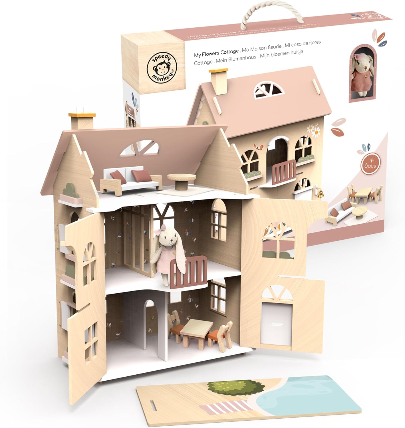 SPEEDY MONKEY Flowers Cottage Starter Set: Elegant Wooden Dolls House | Beautiful Multicolour Play House | FSC Certified Includes Furniture, Safe Tiny House Wooden Toys for Kids