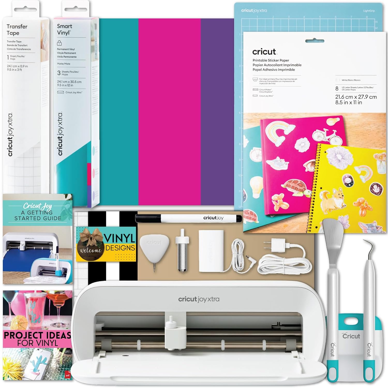 Cricut Joy Xtra Machine with Printable Sticker Paper and Vinyl Sampler Bundle - Beginner Sticker and Decal Making Kit with Cutting Machine and Tools -DIY Decor, Water Bottle Stickers and Laptop Decals