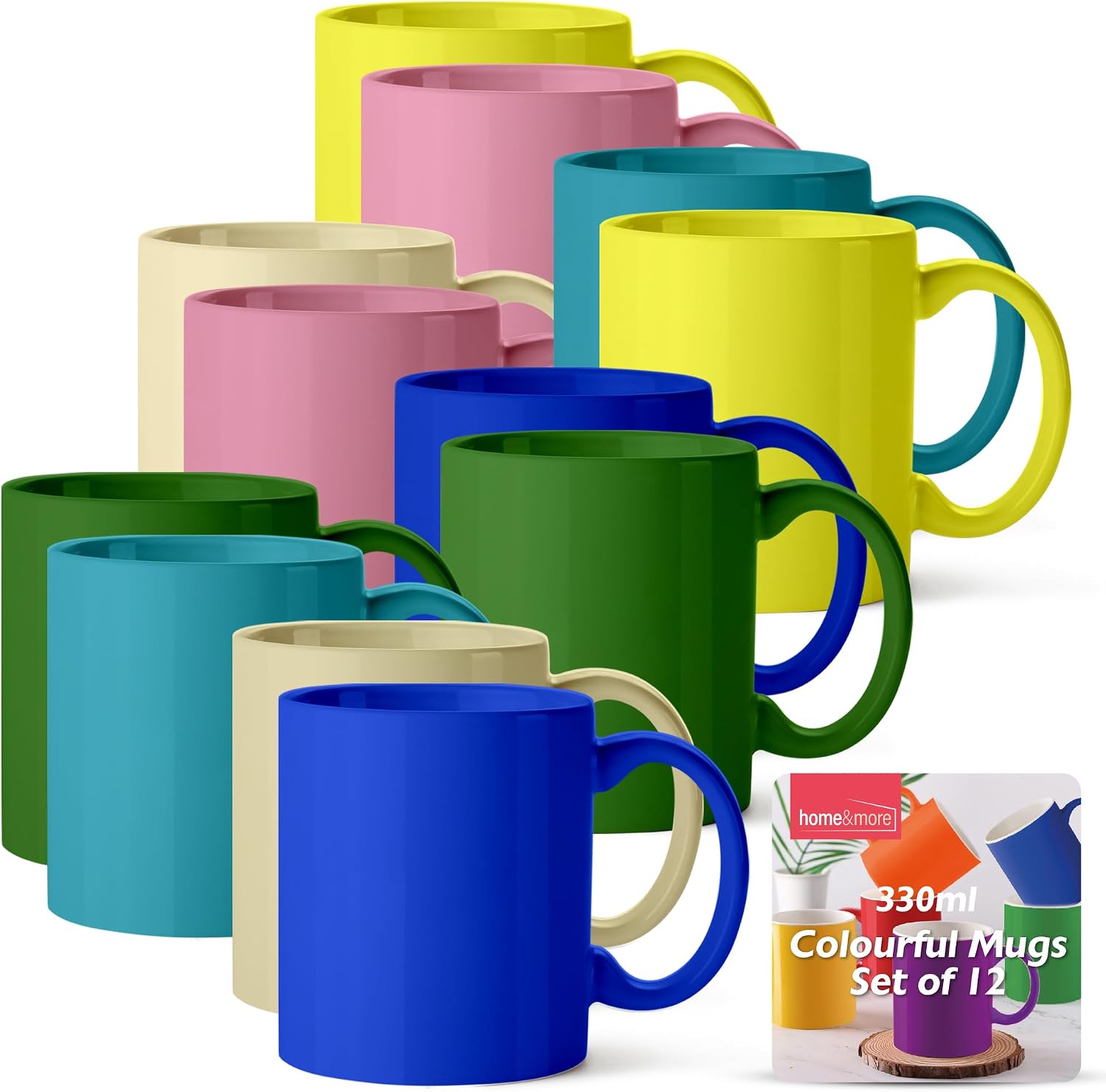 SOL Colourful Mugs Set of 12-330ml Ceramic Mug Set - Coloured Coffee Mugs for Tea, Hot Chocolate - Vibrant Durable Mugs - Great for Home, Office, Cafes, Gift Ideas