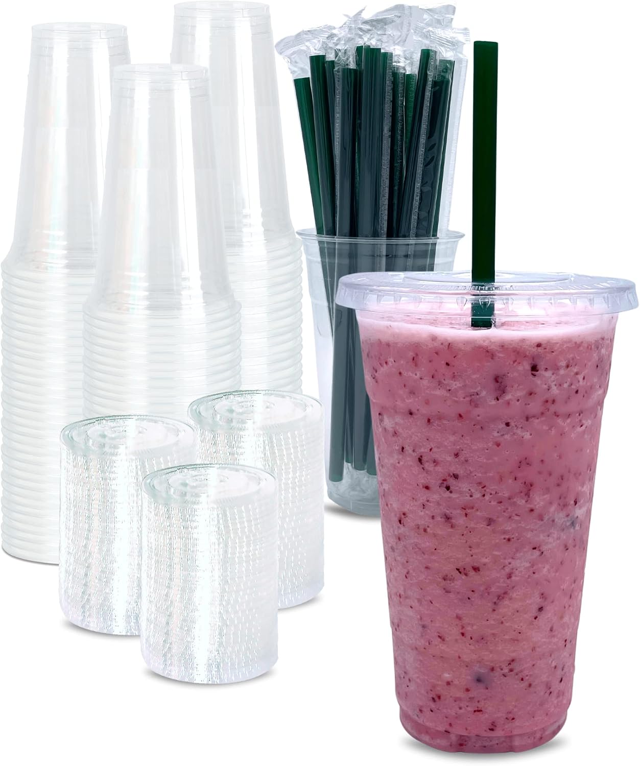 [100 SETS] 24 oz Clear Plastic Cups with Lids and STRAWS, Disposable Iced Coffee cups with Lids, Clear Cups with Lids for Cold Drinks, Iced Tea, Milkshakes, Smoothies