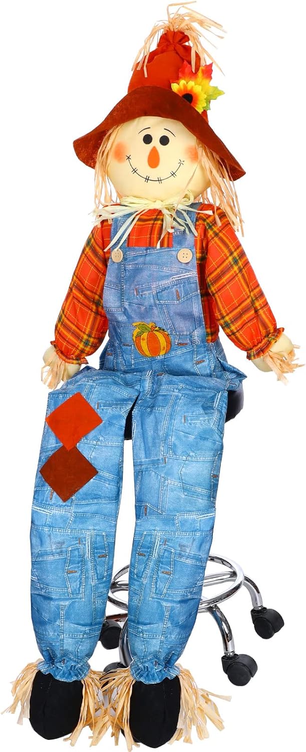 Shappy 60 Inch Large Fall Scarecrow Sitter Halloween Decoration Country Charm Harvest Outdoor Indoor Sitting Scarecrow for Garden Home Yard, Boy Style