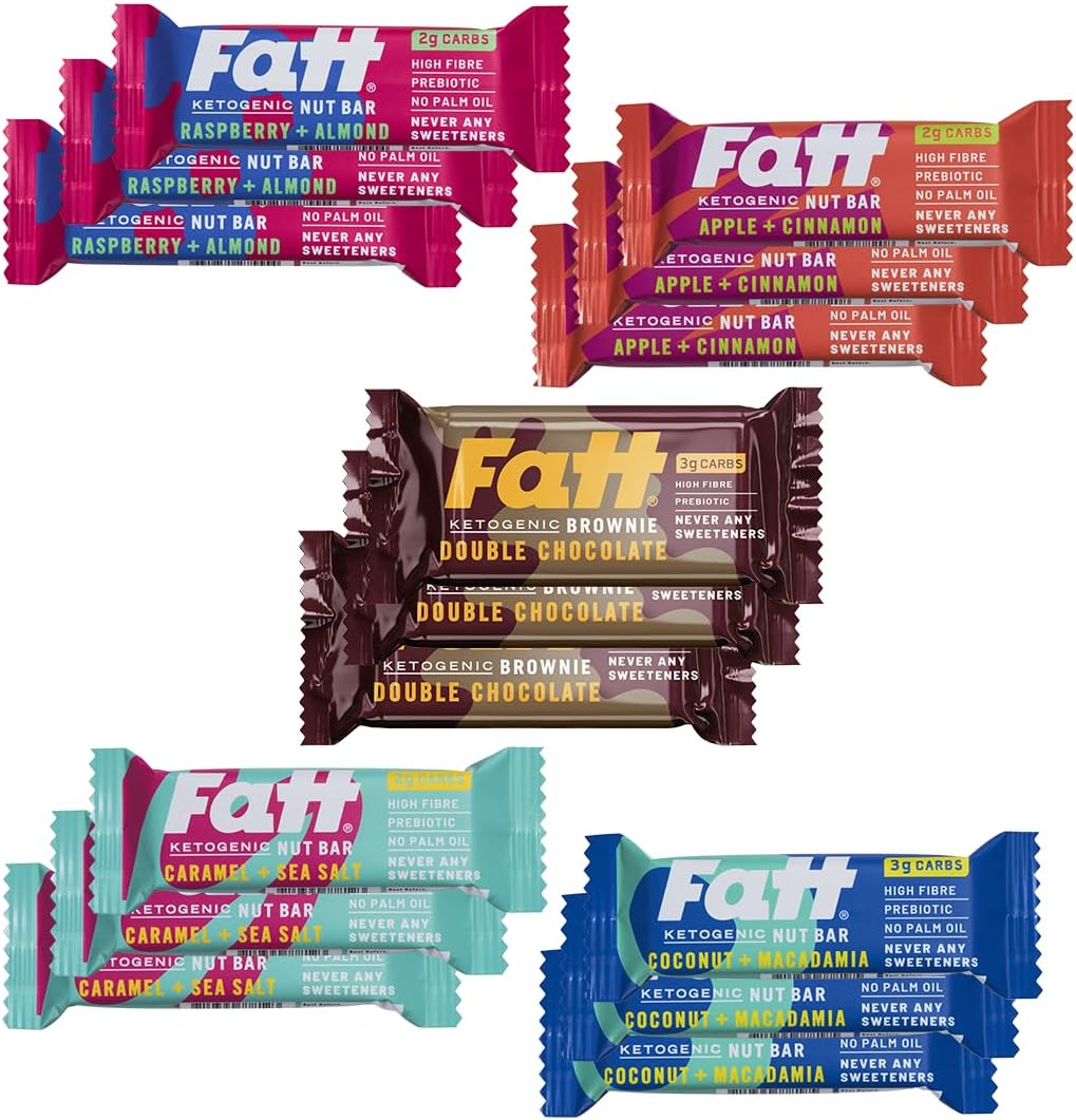 NEW SELECTION. Fatt Keto Snack Bars & Brownie - Variety Pack - 15 x Products - 5 Flavours - 2-3g Carbs - 100% Natural Snacks - Low Carb, Low Sugar, High Prebiotic Fibre, & Sweetener Free - FattBar