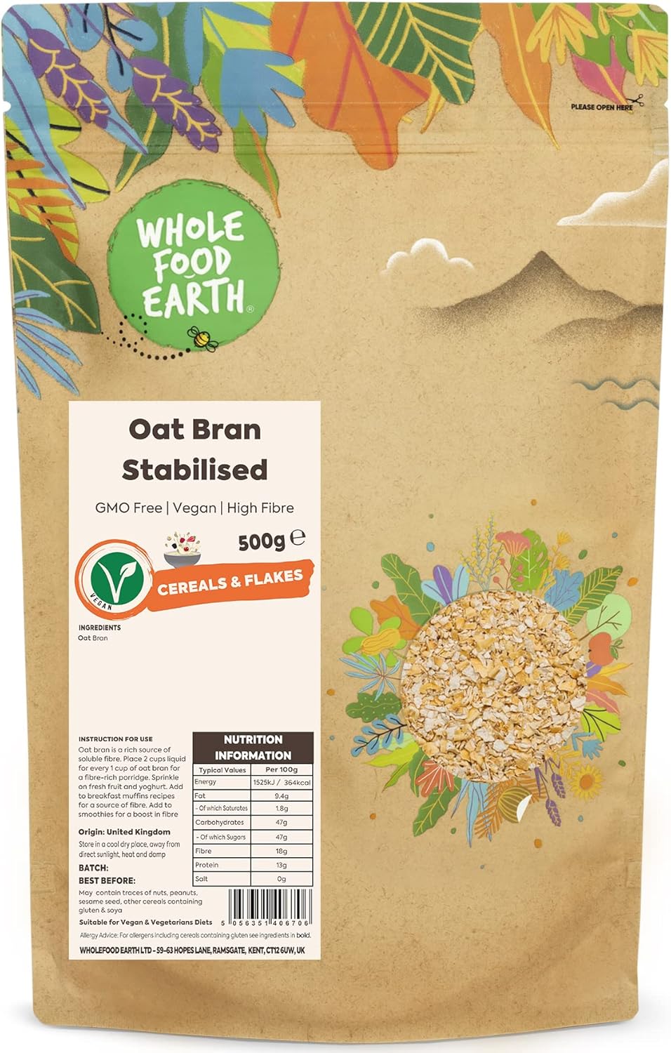 Wholefood Earth Oat Bran Stabilised 500 g | GMO Free | High Fibre