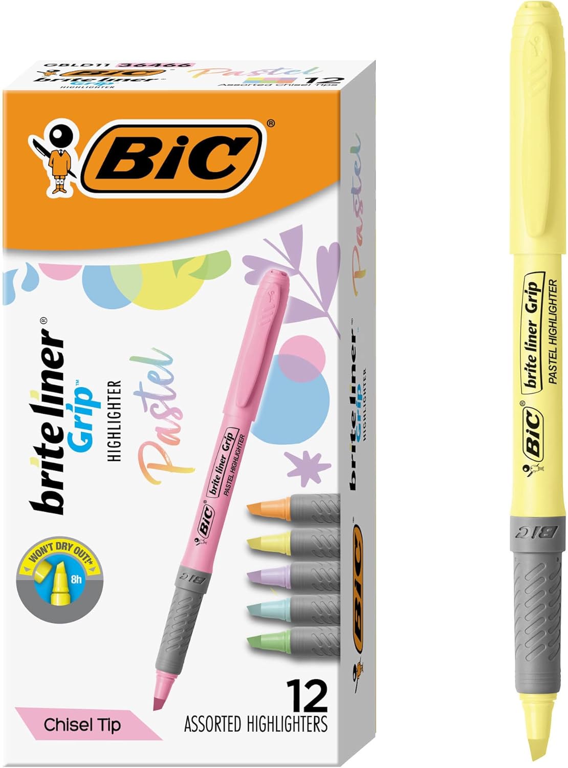 BIC Brite Liner Grip Pastel Highlighter Set, Chisel Tip, School Supplies for Students and Teachers, 12-Count Pack in Pastel Assorted Colors