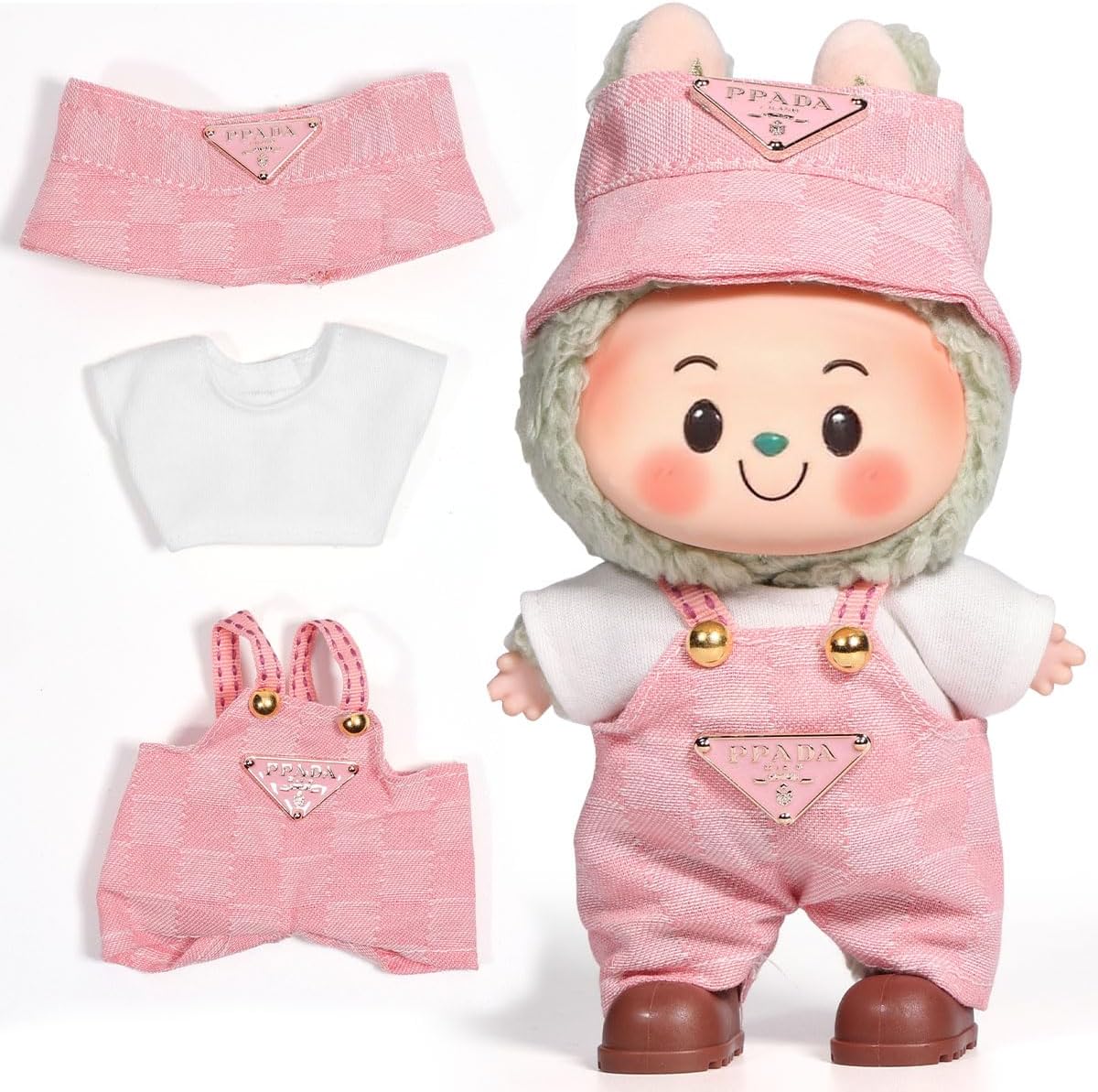 AICase for Labubu Clothes Designer/for Labubu Outfits,Clothes Set for 17cm Lububu Doll,3 Piece Set Hat Clothing for LA BUBU, Boys and Girls Stylish Adorable Dolls Clothes Accessories (No Doll)_Pink