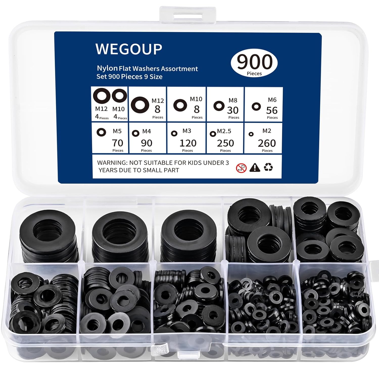 WEGOUP 900-Piece Nylon Flat Washer Assortment Kit Black Plastic Flat Washers for Bolts and Screws (M2-M12), Assorted Screw Washers Washer Set for Household & Industrial Use
