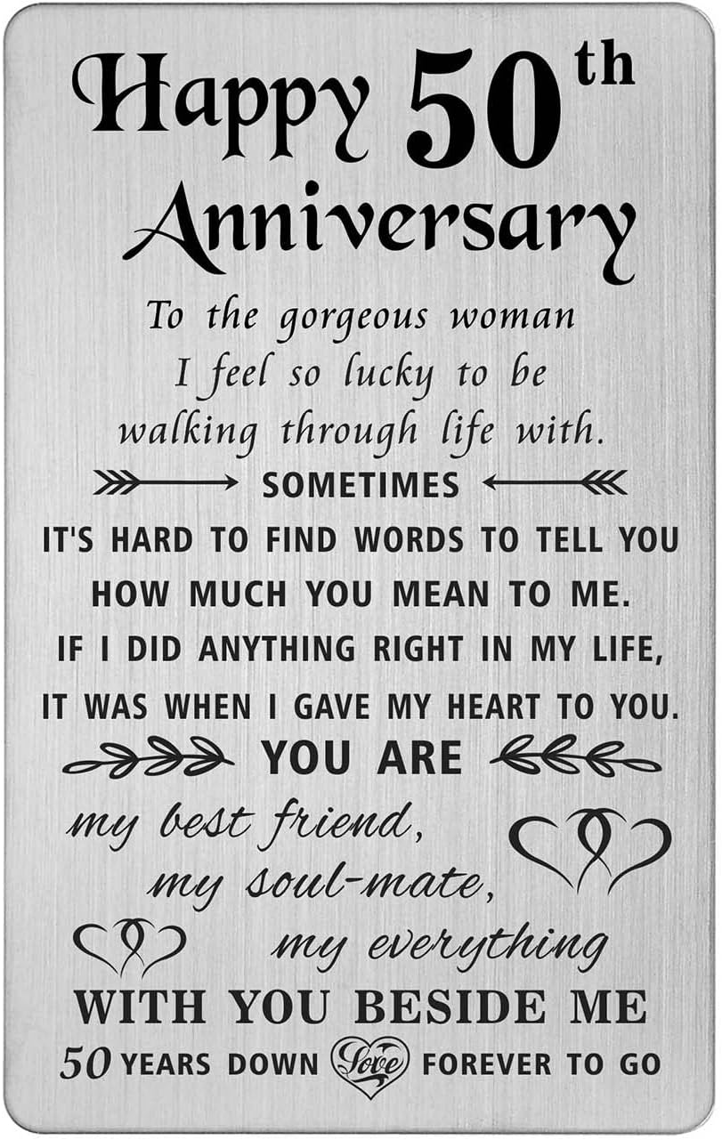 TANWIH 50th Anniversary Card for Wife - 50 Years Down Forever to Go - 50 Year Wedding Anniversary Card Gifts for Her Women, Engraved Metal Wallet Card