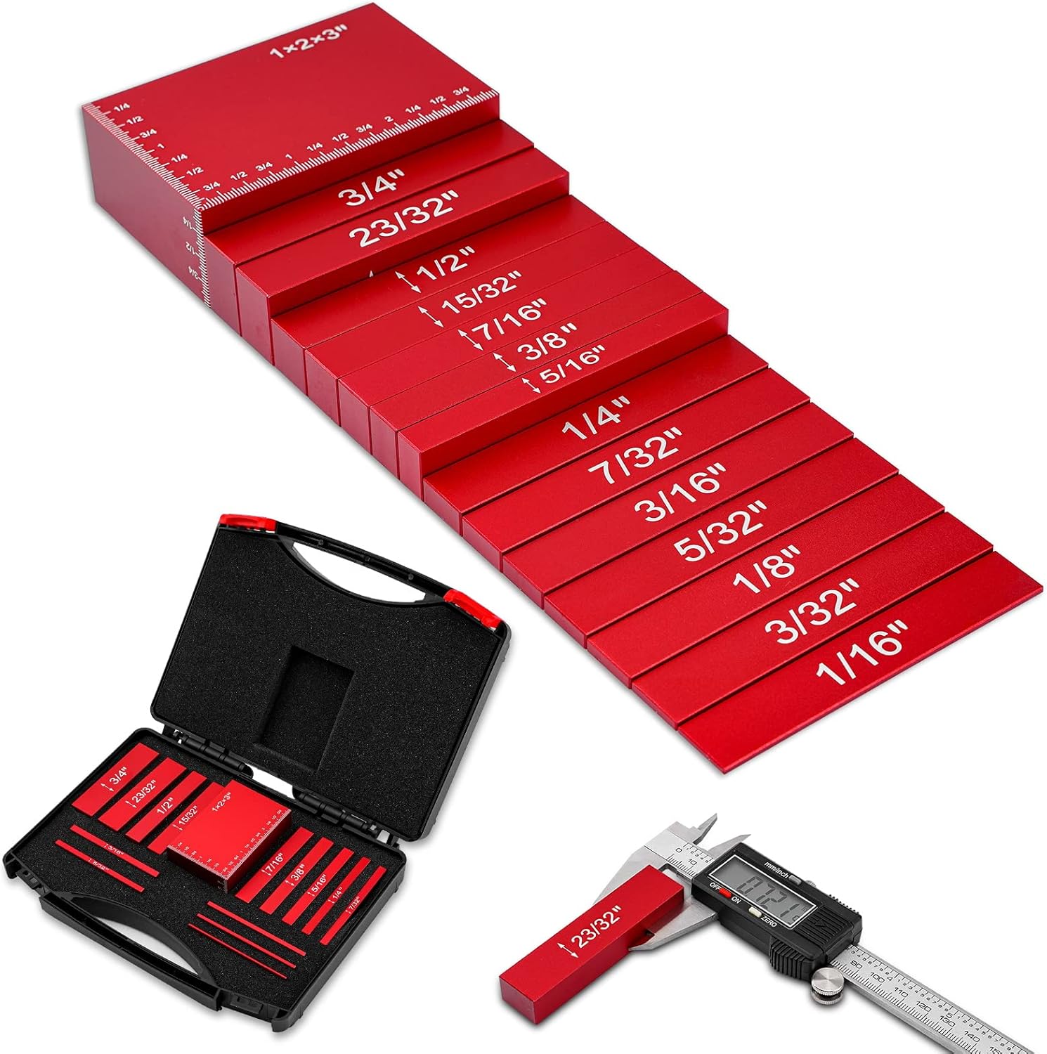 Setup Blocks Height Gauge Set, Packing 15 PCS Precision Solid Aluminum Router Table Saw Fence Set Up Bars for Woodworking ,Laser Engraved Size Markings, Easy Read Laser Etched Sizes,Storage Case