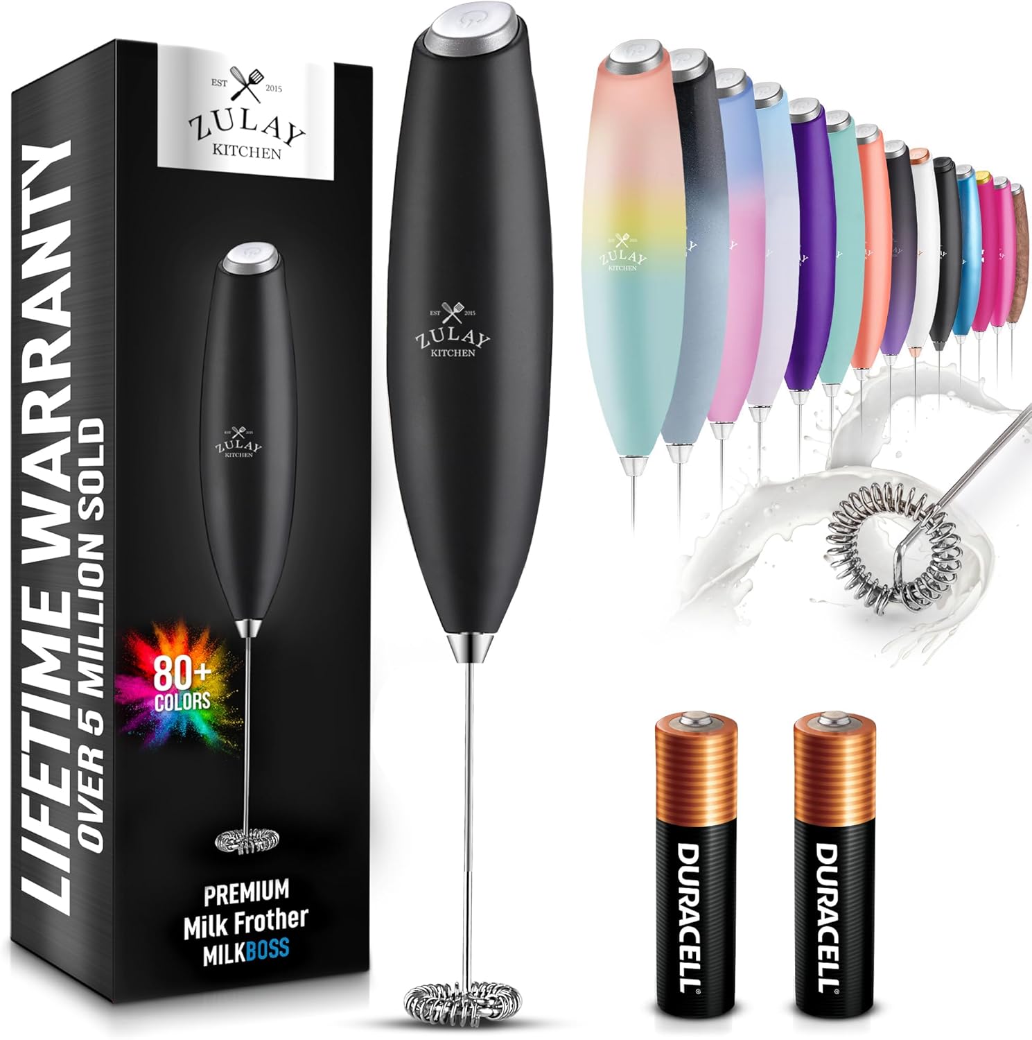 Zulay Kitchen Powerful Milk Frother Wand - Ultra Fast Handheld Drink Mixer - Electric Whisk Foam Maker for Coffee, Lattes, Cappuccino, Frappe, Matcha, Hot Chocolate & Coffee Creamer - Black